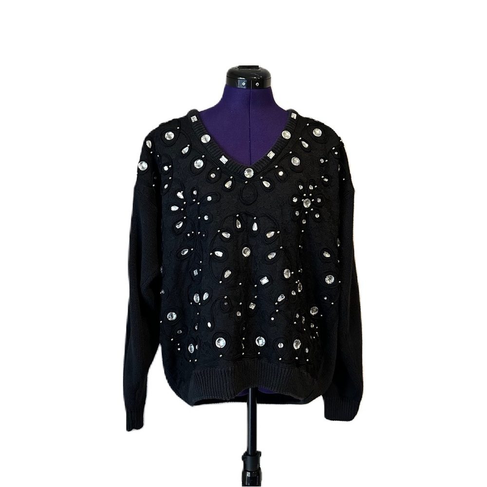 Midnight Blues Black Vintage Knit Embellished Beaded Rhinestone Sweater